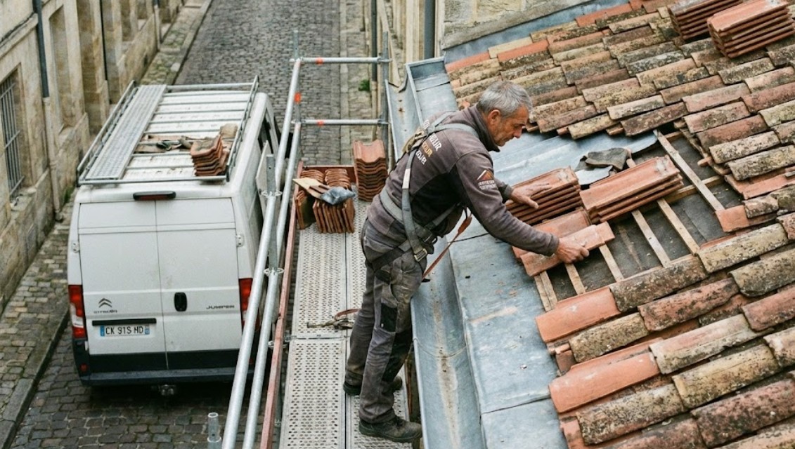 Couvreur professionnel travaillant sur une toiture