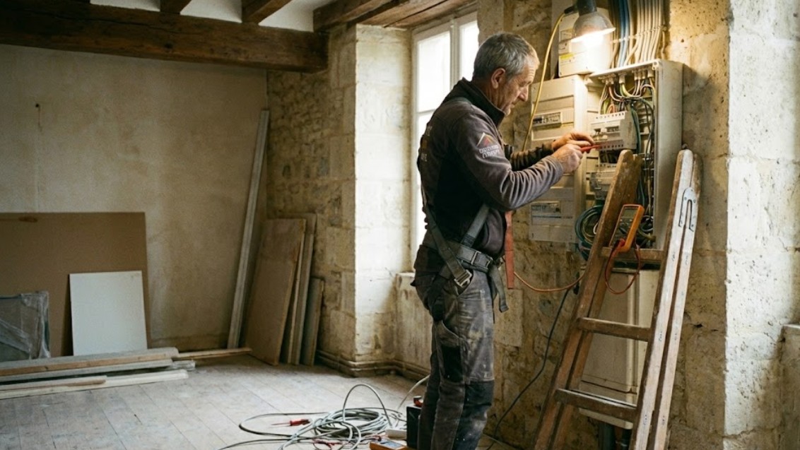 Électricien professionnel réalisant une installation