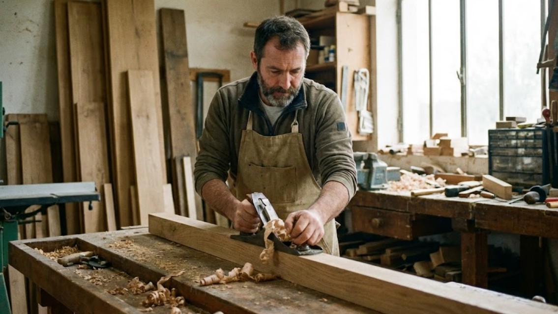 Menuisier professionnel travaillant le bois
