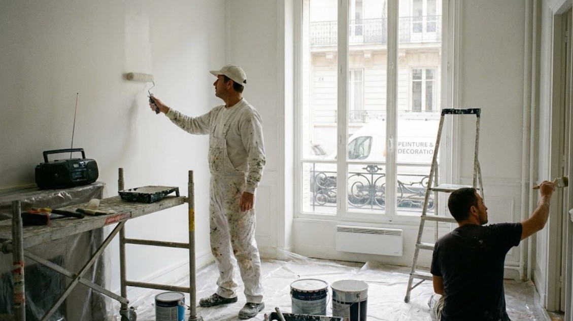 Peintre en bâtiment réalisant des travaux de peinture