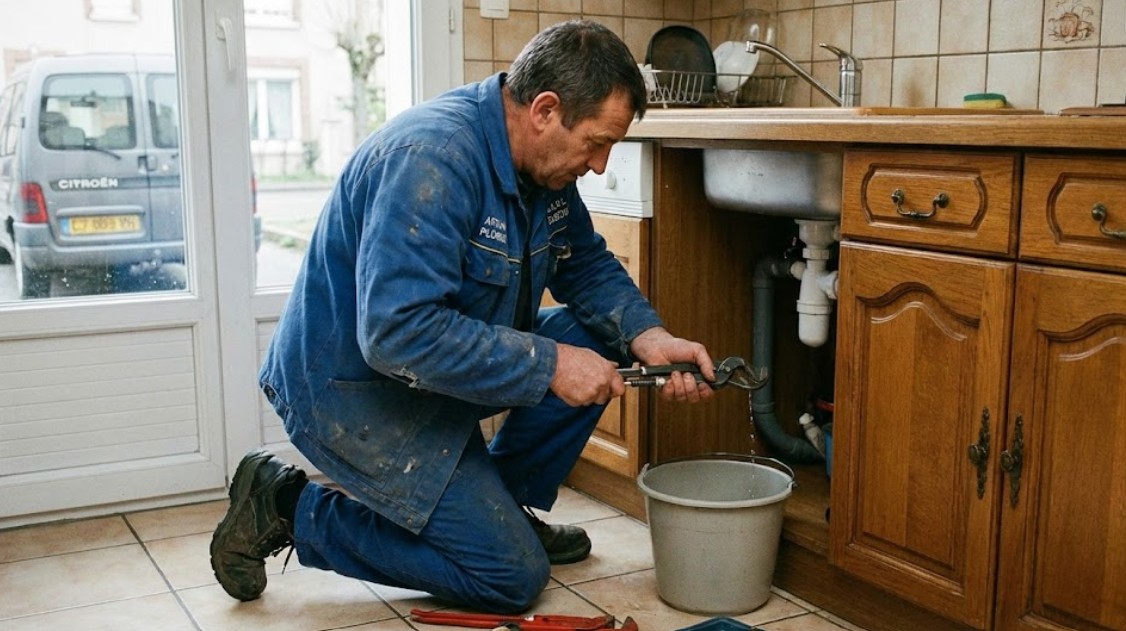 Plombier professionnel intervenant sur une installation