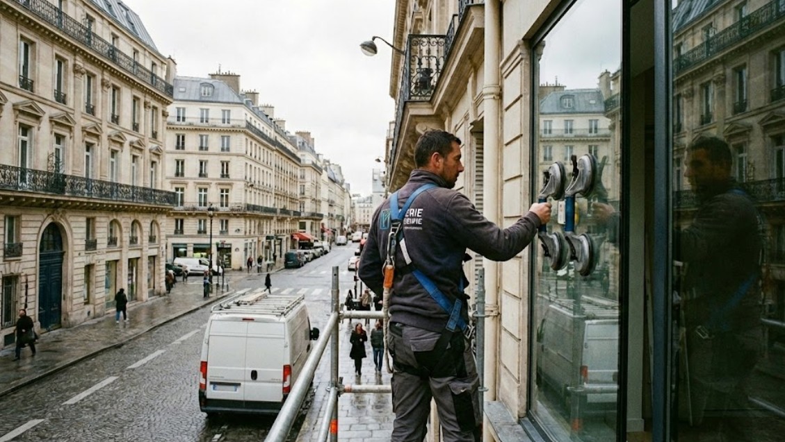 Vitrier professionnel posant un double vitrage